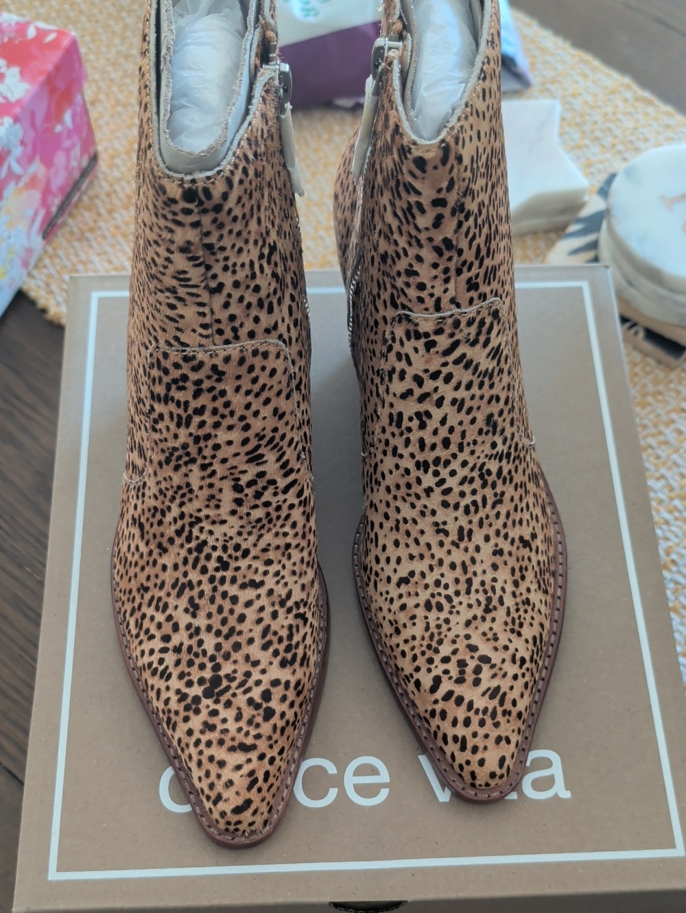 Dolce Vita Leopard Print Pointed Ankle Booties in Tan and Black